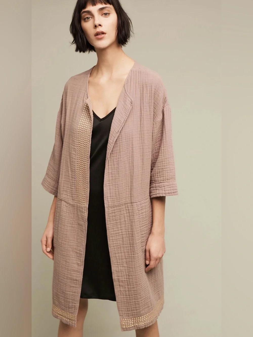 Saturday/Sunday Anthropologie Metallic Pop Cotton Gauze Robe Wild Mushroom M/L